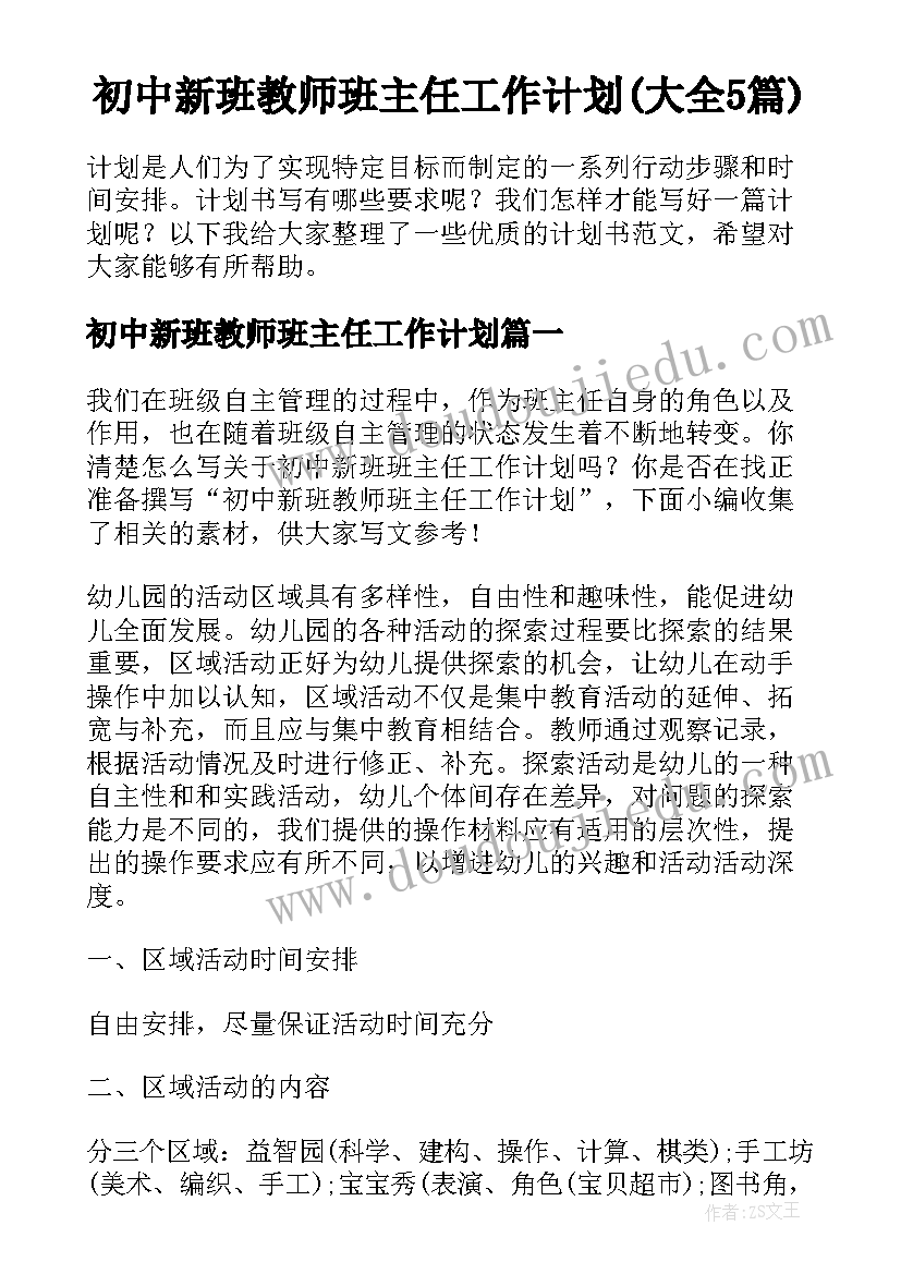 初中新班教师班主任工作计划(大全5篇)