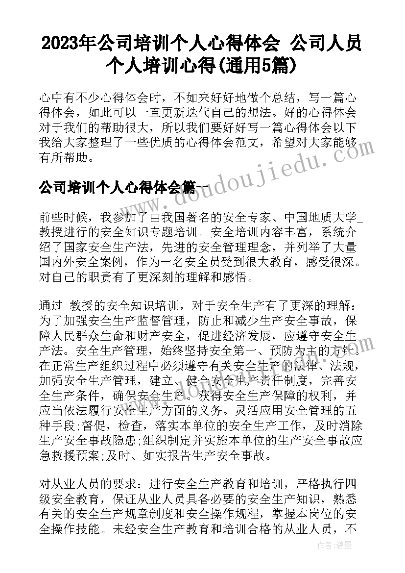 2023年公司培训个人心得体会 公司人员个人培训心得(通用5篇)