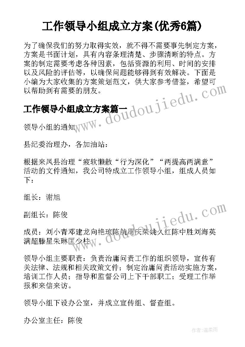 工作领导小组成立方案(优秀6篇)