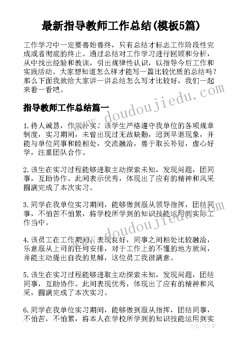 最新指导教师工作总结(模板5篇)