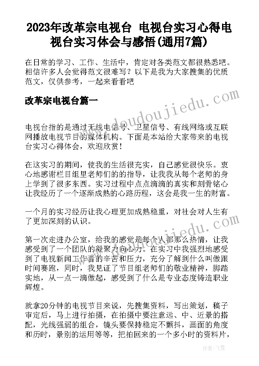 2023年改革宗电视台 电视台实习心得电视台实习体会与感悟(通用7篇)