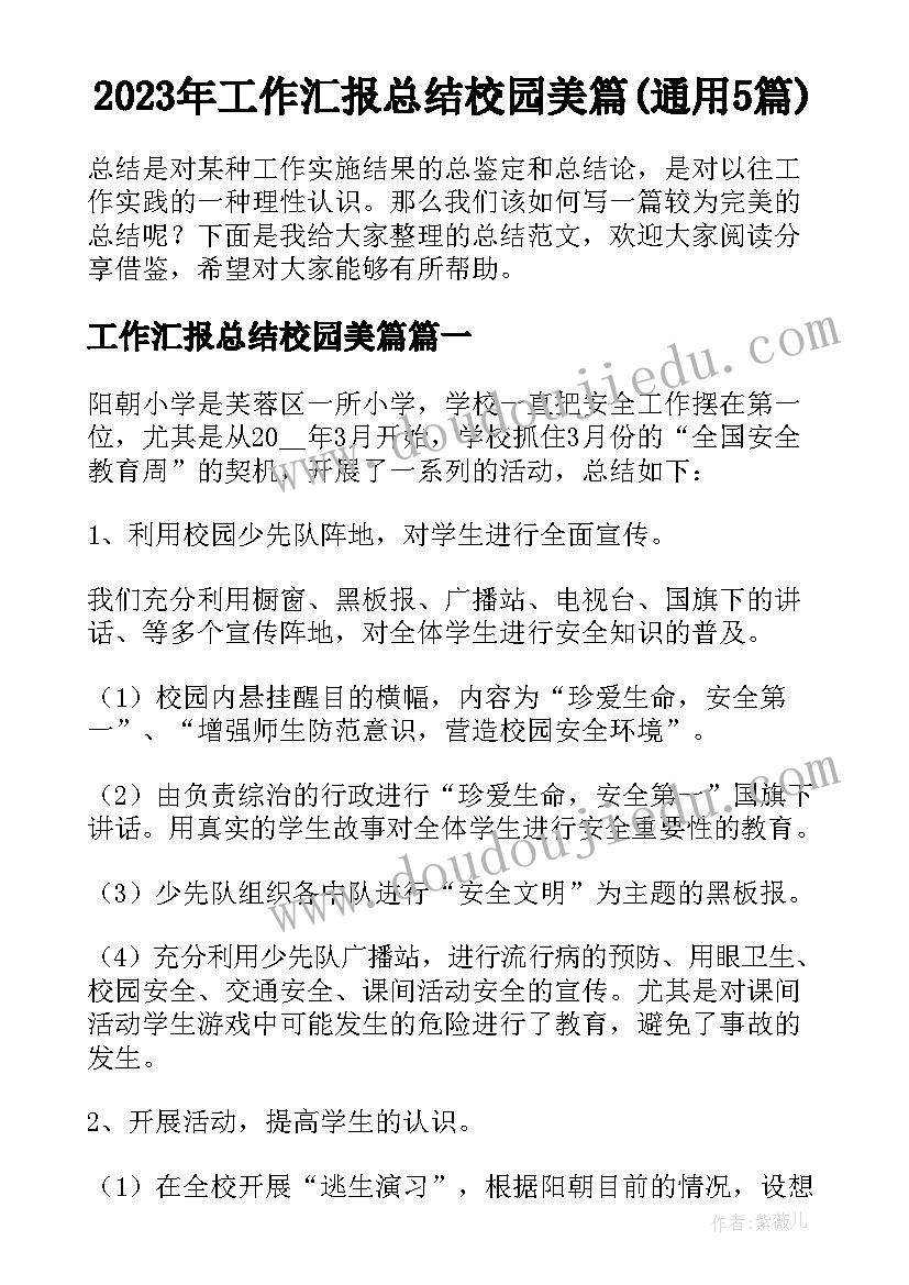 2023年工作汇报总结校园美篇(通用5篇)