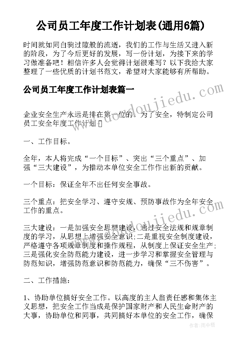 公司员工年度工作计划表(通用6篇)