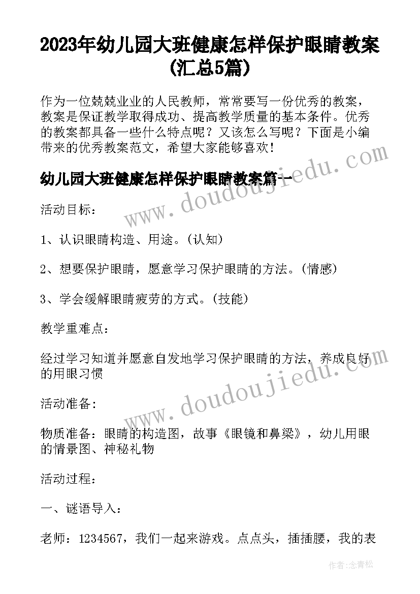 2023年幼儿园大班健康怎样保护眼睛教案(汇总5篇)