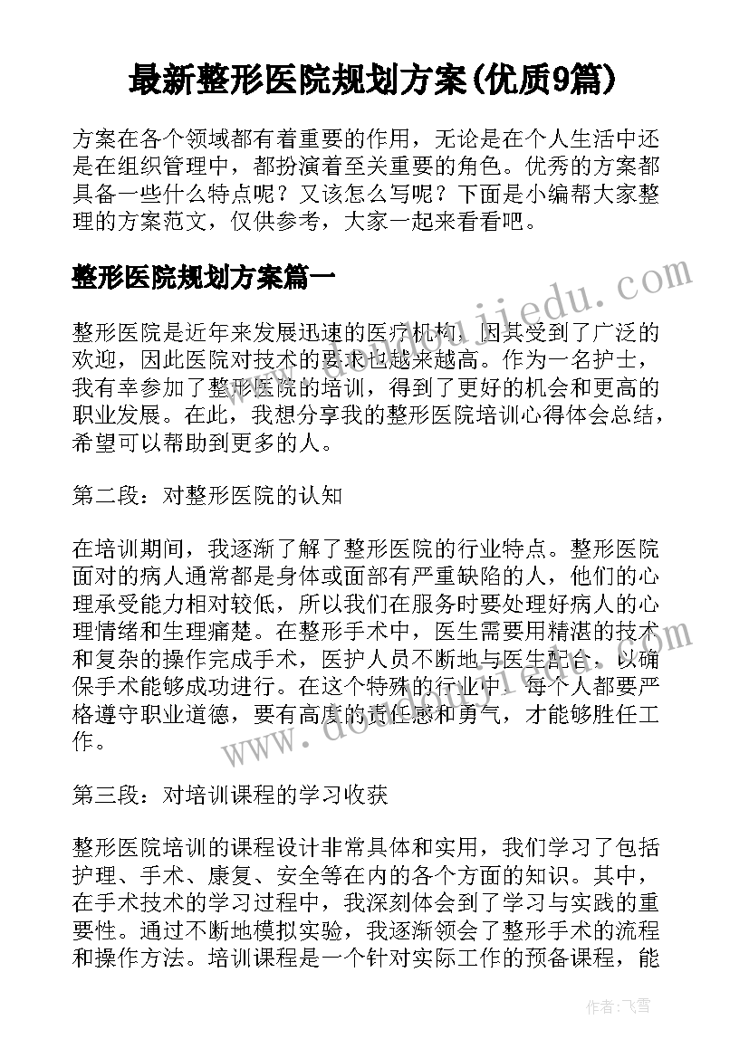 最新整形医院规划方案(优质9篇)