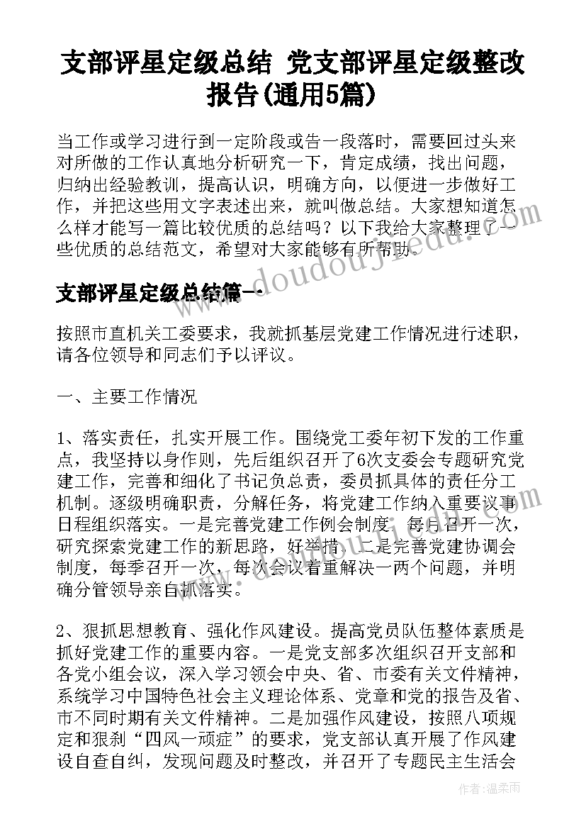 支部评星定级总结 党支部评星定级整改报告(通用5篇)