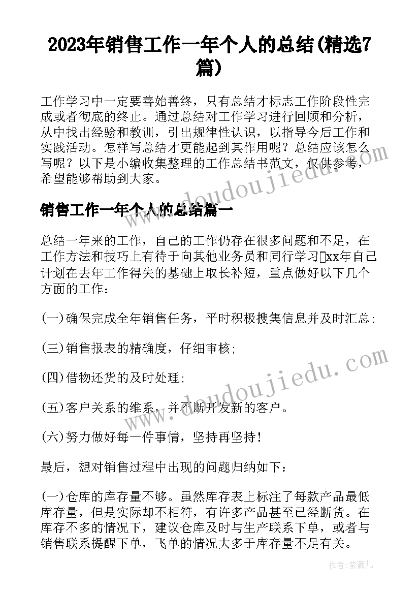 2023年销售工作一年个人的总结(精选7篇)