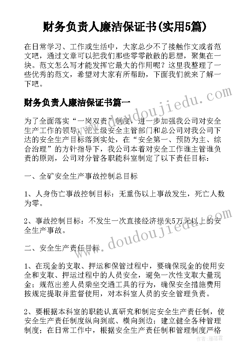 财务负责人廉洁保证书(实用5篇)