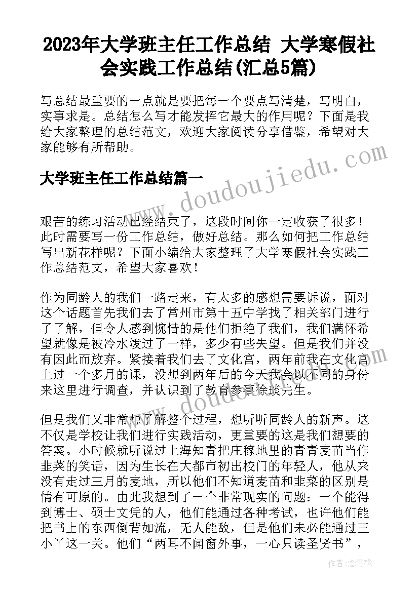 2023年大学班主任工作总结 大学寒假社会实践工作总结(汇总5篇)