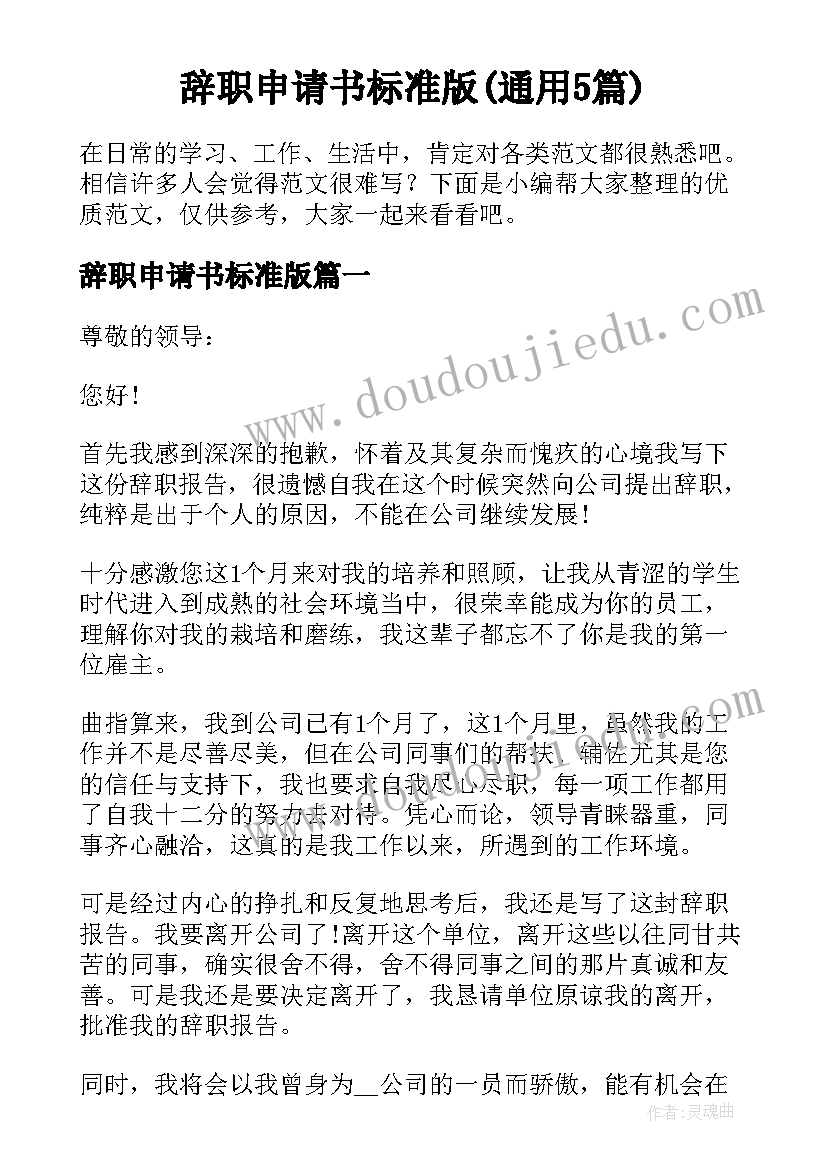 辞职申请书标准版(通用5篇)