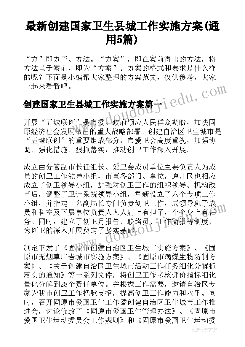 最新创建国家卫生县城工作实施方案(通用5篇)