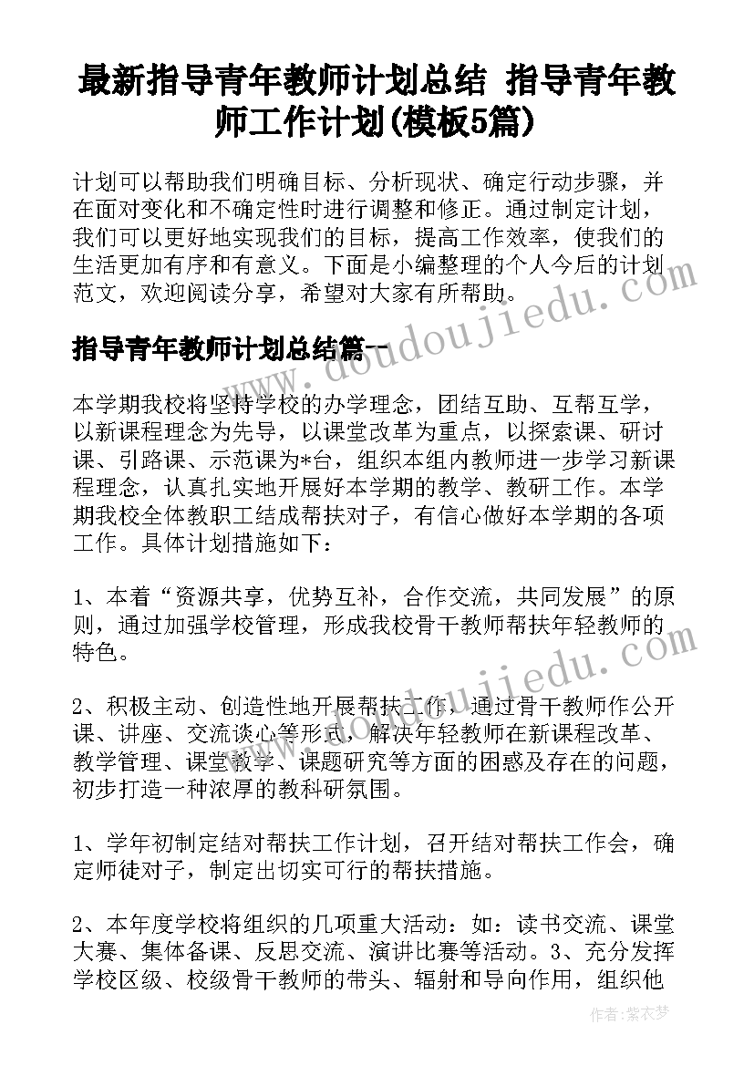 最新指导青年教师计划总结 指导青年教师工作计划(模板5篇)