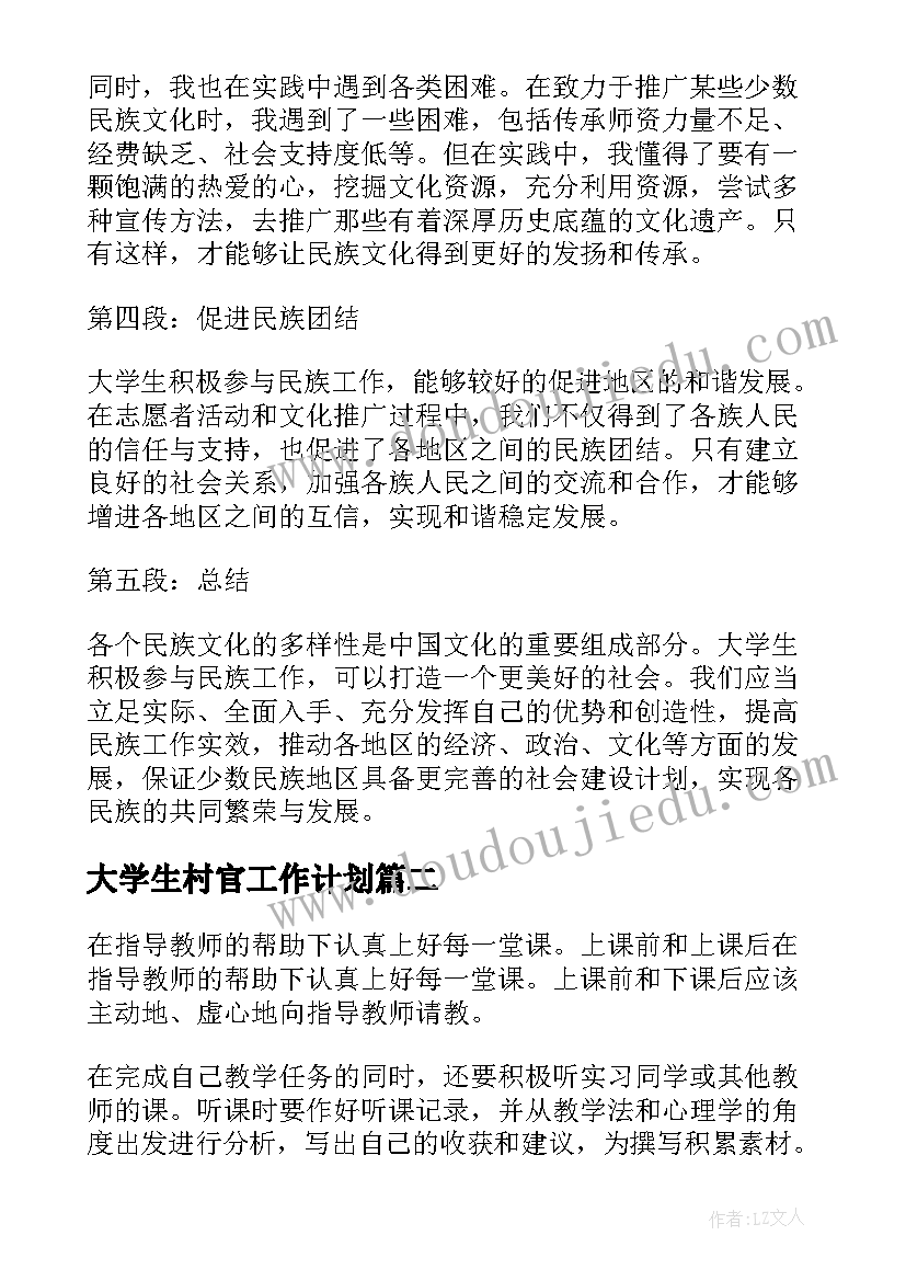 大学生村官工作计划 民族工作的大学生心得体会(精选10篇)