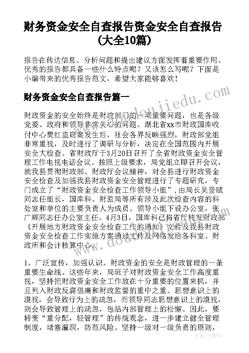 财务资金安全自查报告 资金安全自查报告(大全10篇)