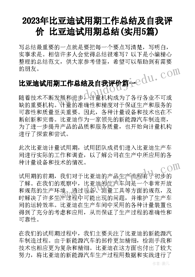 2023年比亚迪试用期工作总结及自我评价 比亚迪试用期总结(实用5篇)