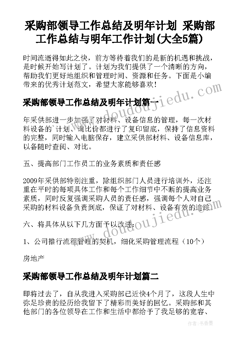 采购部领导工作总结及明年计划 采购部工作总结与明年工作计划(大全5篇)