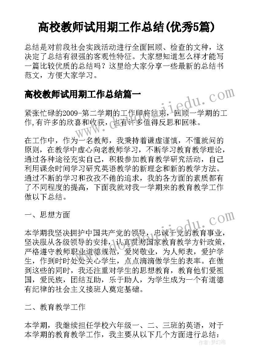 高校教师试用期工作总结(优秀5篇)