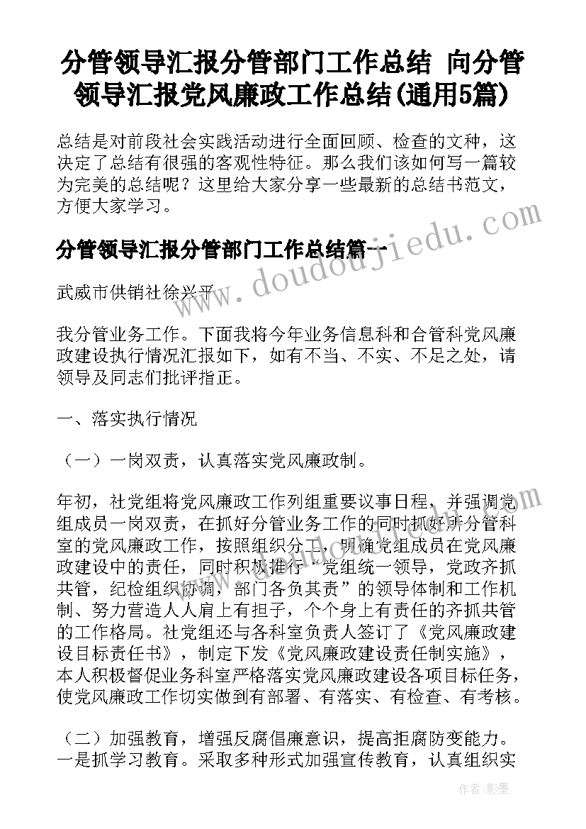 分管领导汇报分管部门工作总结 向分管领导汇报党风廉政工作总结(通用5篇)