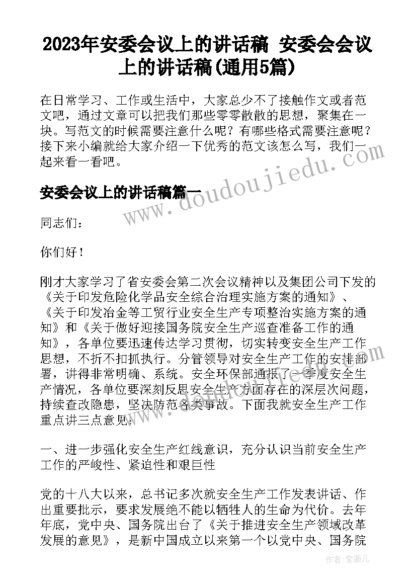 2023年安委会议上的讲话稿 安委会会议上的讲话稿(通用5篇)