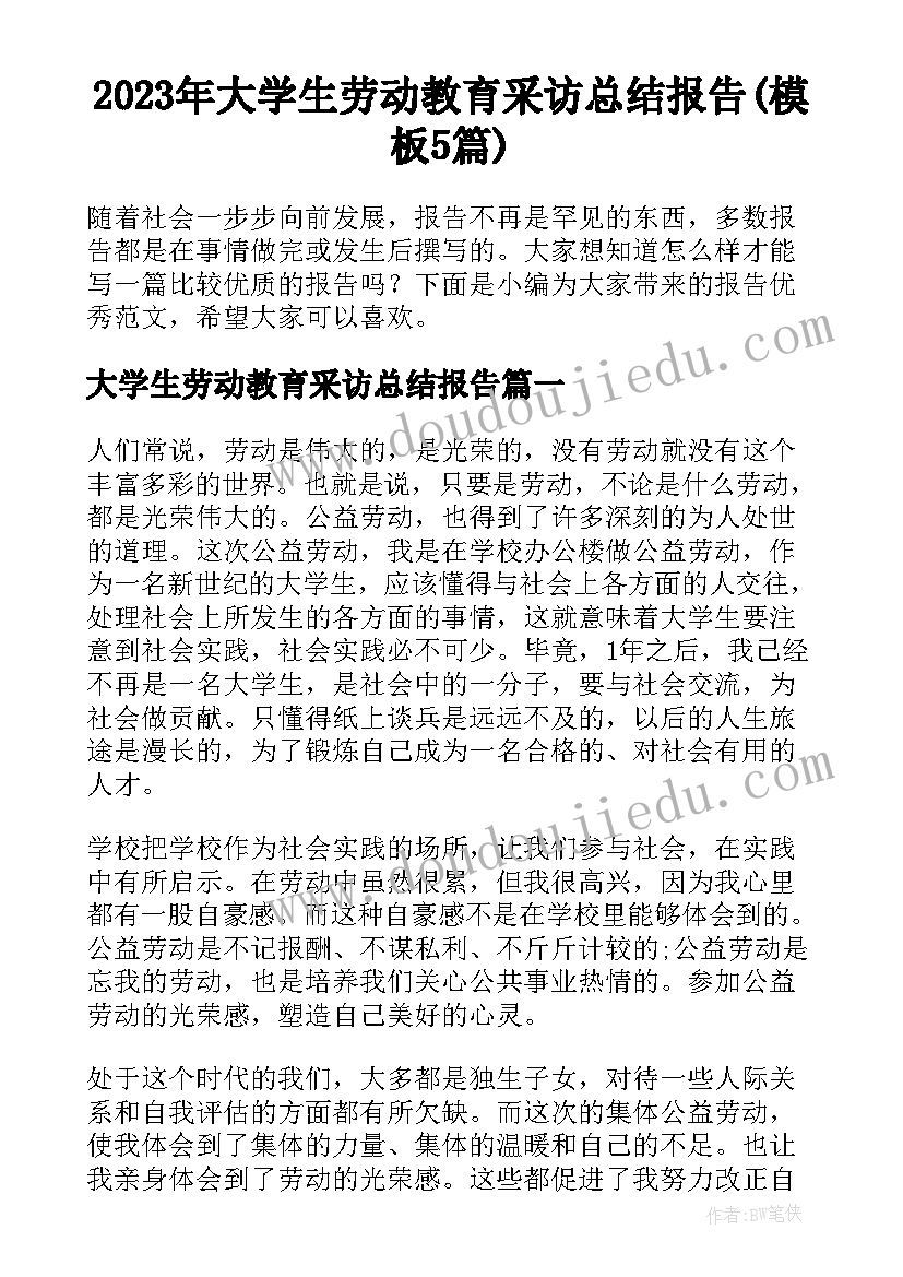 2023年大学生劳动教育采访总结报告(模板5篇)