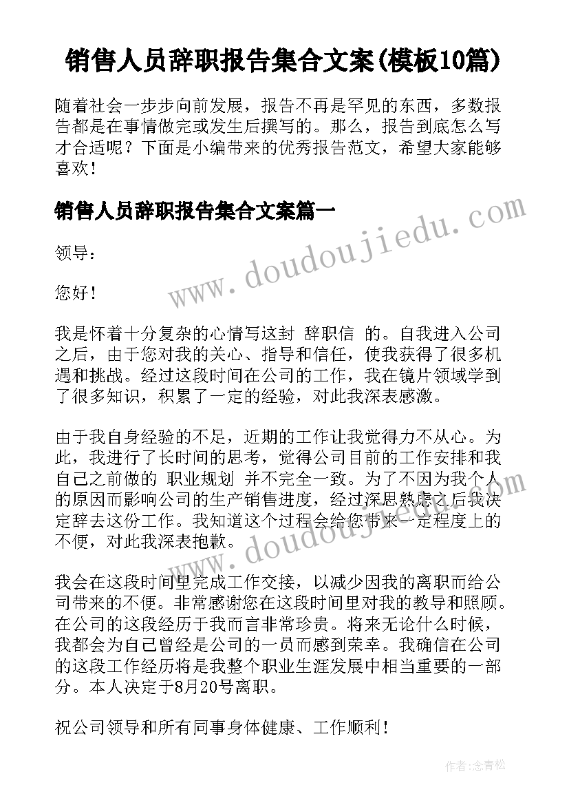 销售人员辞职报告集合文案(模板10篇)