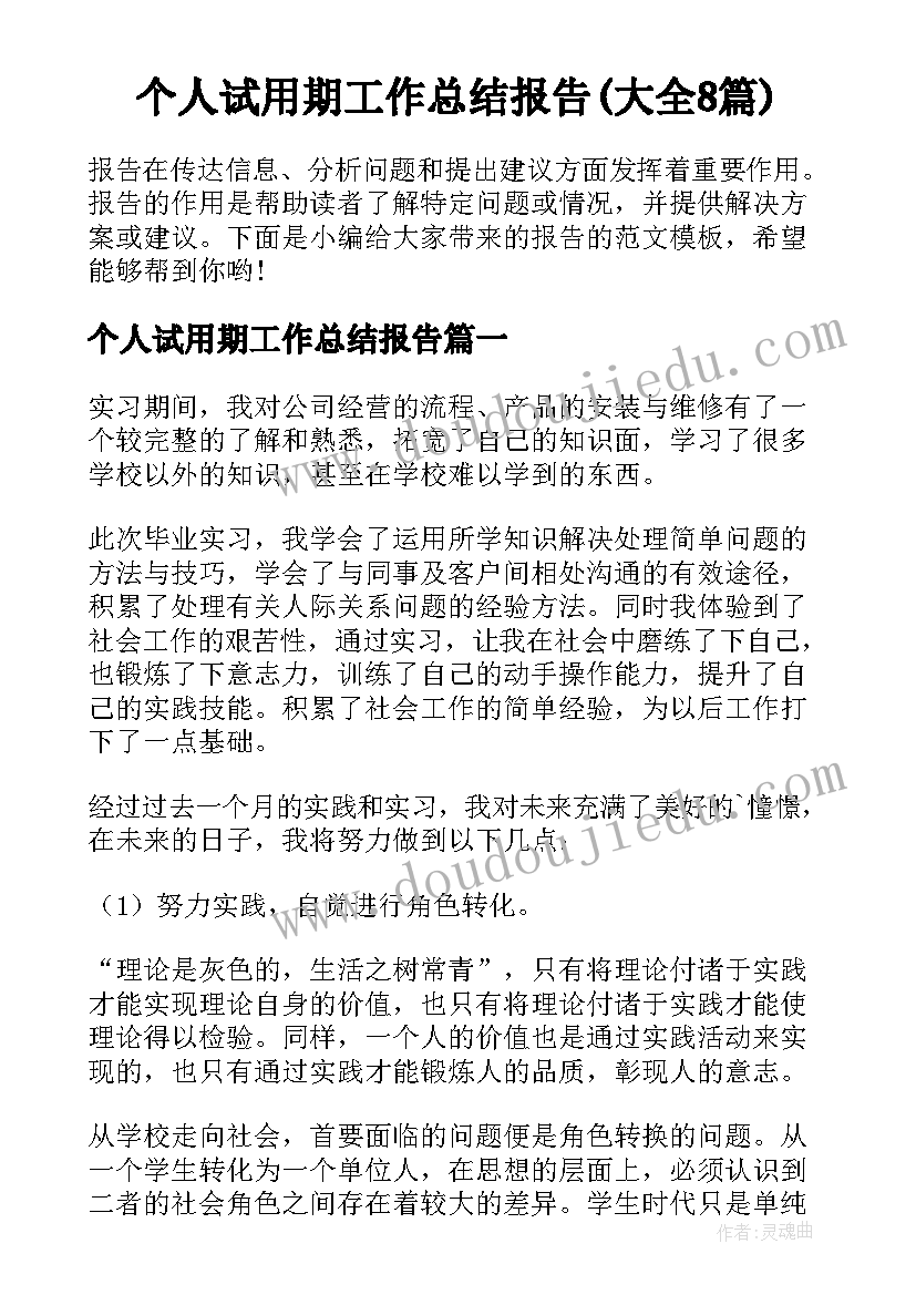 个人试用期工作总结报告(大全8篇)