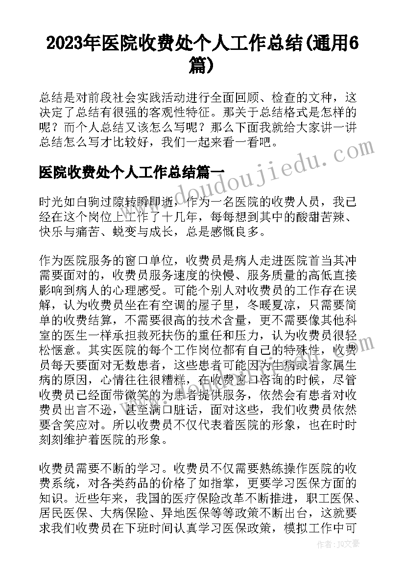 2023年医院收费处个人工作总结(通用6篇)