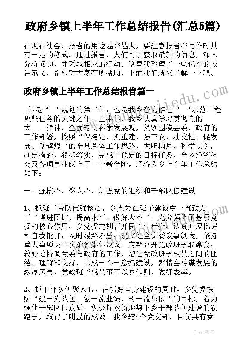 政府乡镇上半年工作总结报告(汇总5篇)