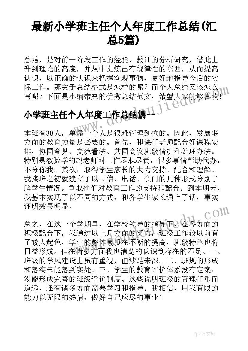 最新小学班主任个人年度工作总结(汇总5篇)