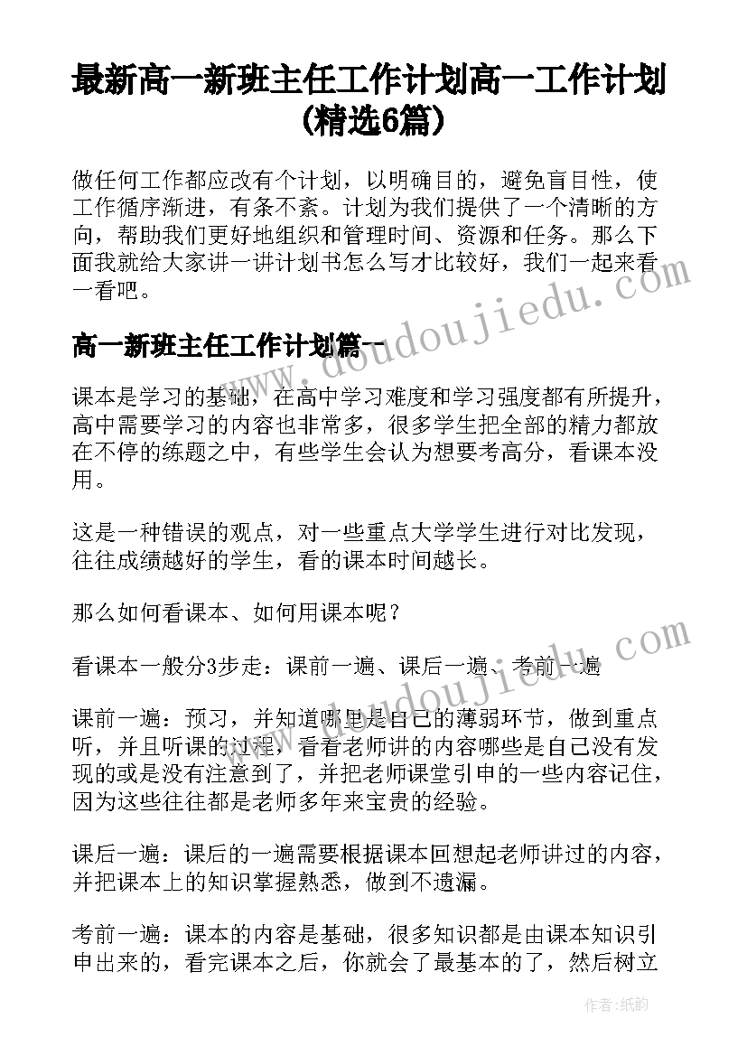 最新高一新班主任工作计划 高一工作计划(精选6篇)