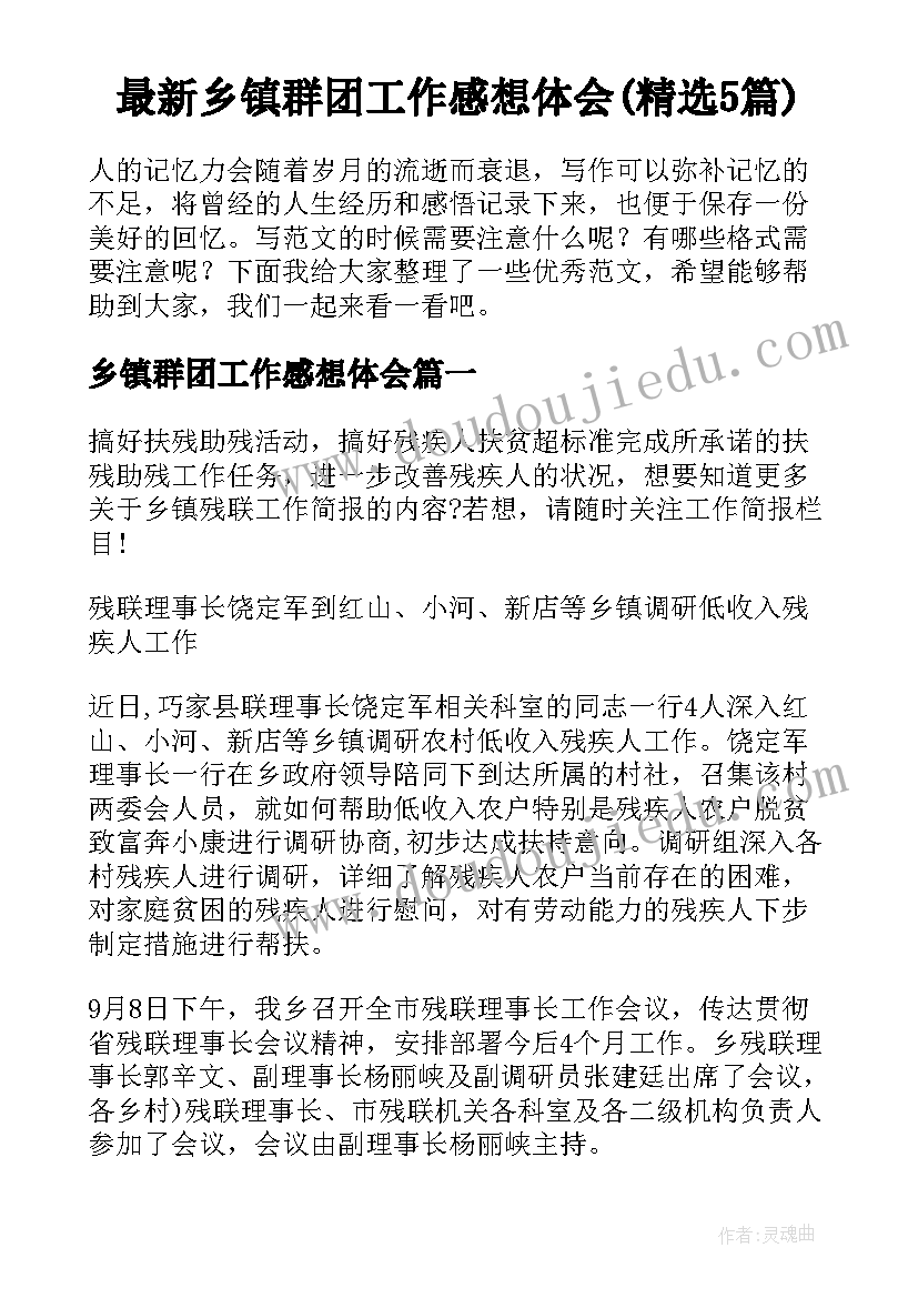 最新乡镇群团工作感想体会(精选5篇)