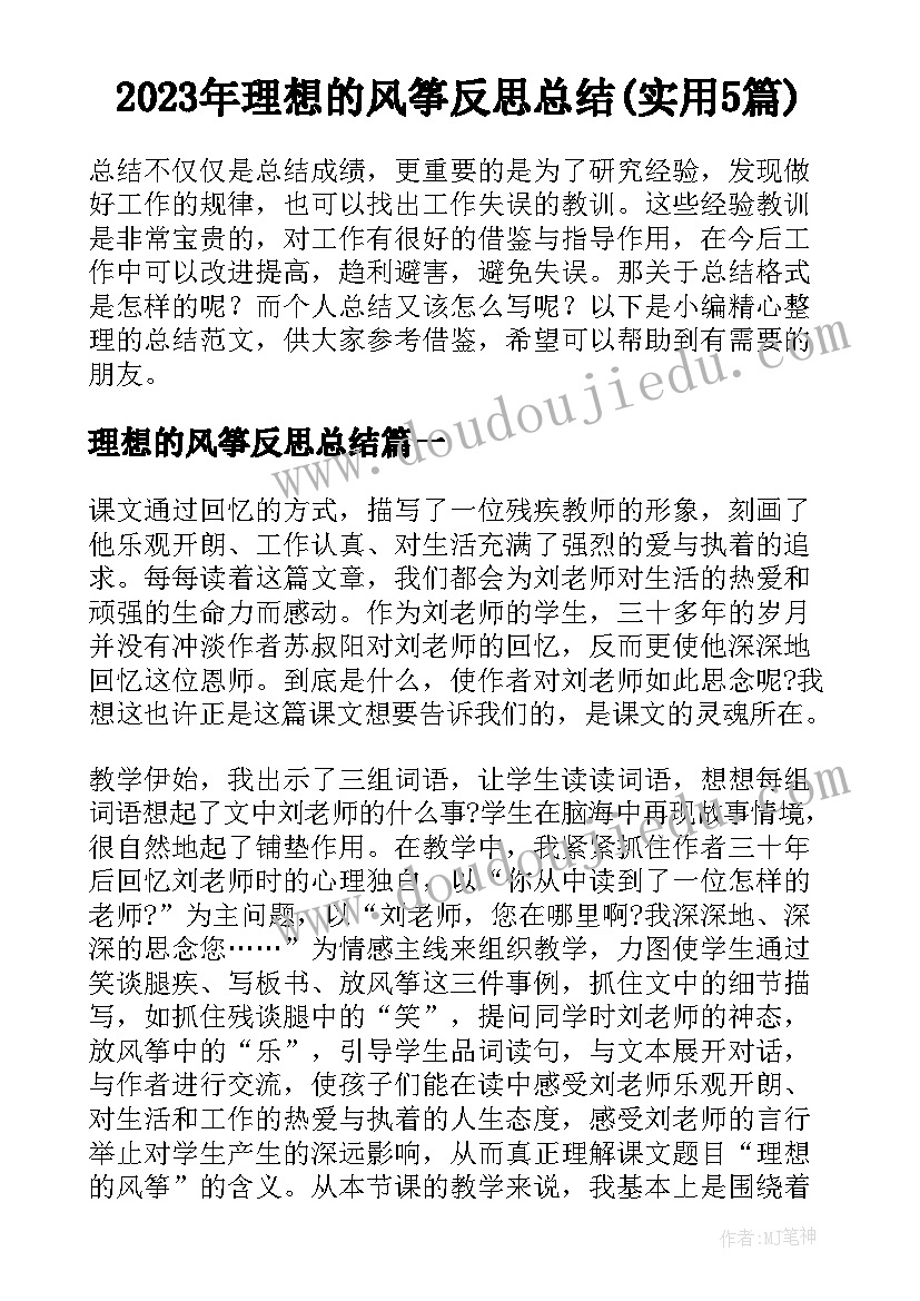 2023年理想的风筝反思总结(实用5篇)