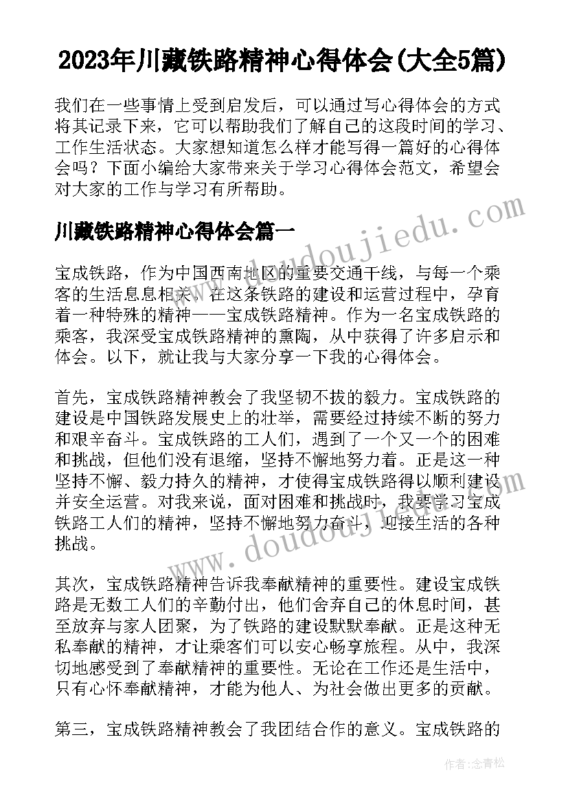 2023年川藏铁路精神心得体会(大全5篇)