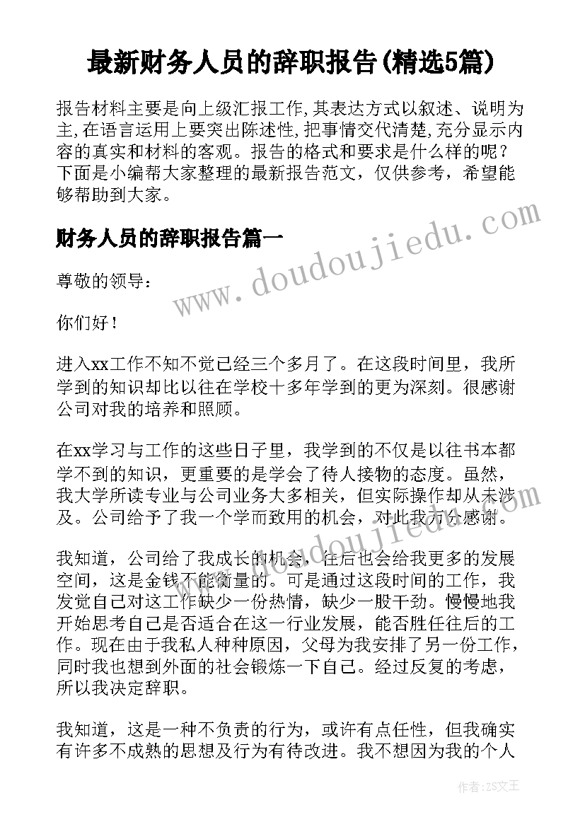 最新财务人员的辞职报告(精选5篇)