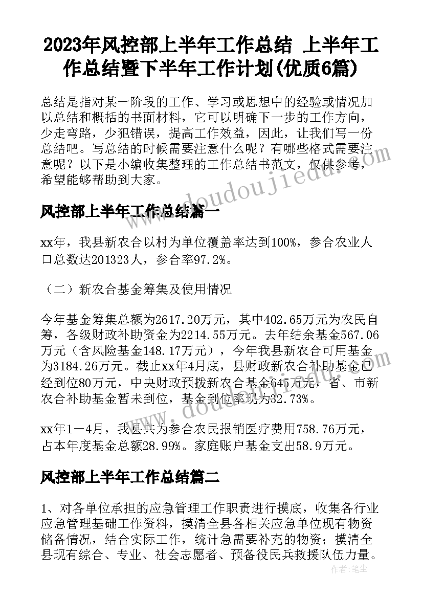 2023年风控部上半年工作总结 上半年工作总结暨下半年工作计划(优质6篇)