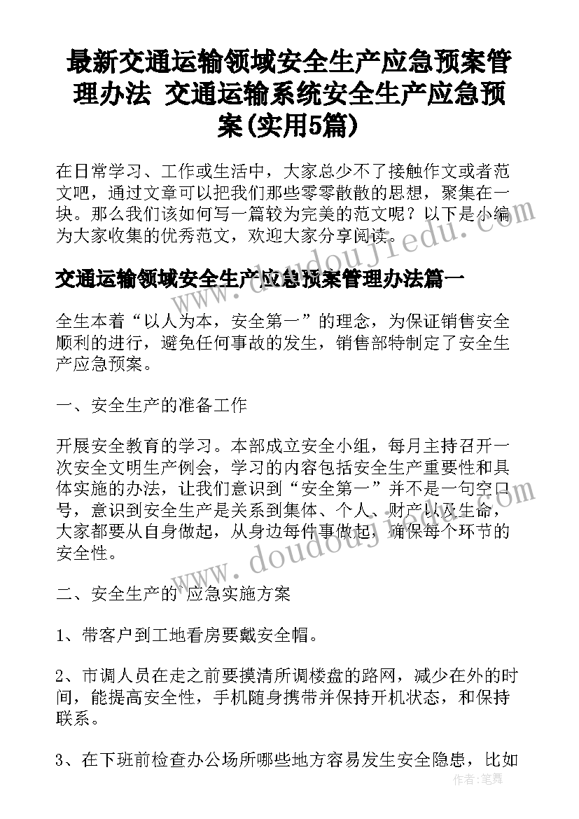 最新交通运输领域安全生产应急预案管理办法 交通运输系统安全生产应急预案(实用5篇)