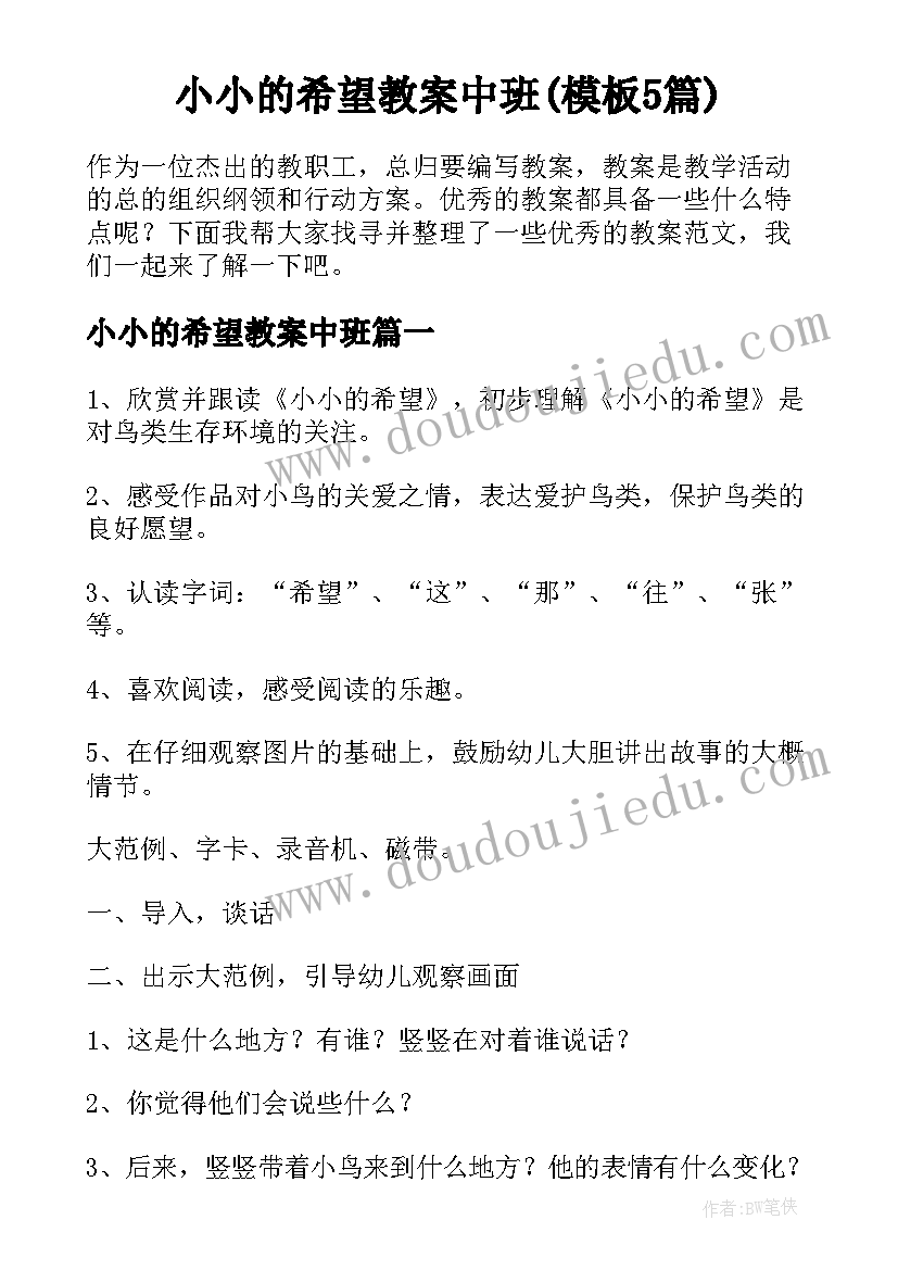 小小的希望教案中班(模板5篇)