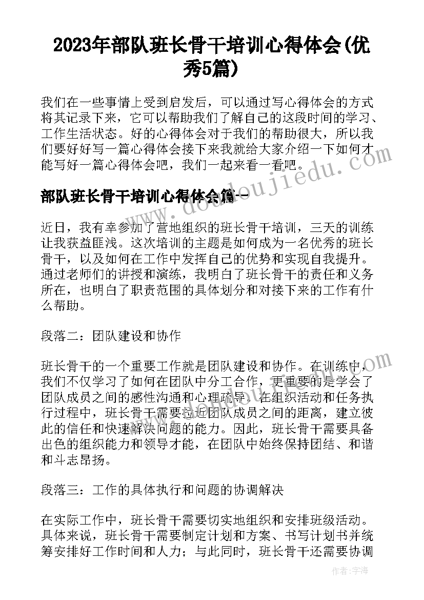 2023年部队班长骨干培训心得体会(优秀5篇)