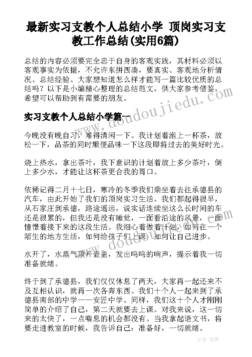 最新实习支教个人总结小学 顶岗实习支教工作总结(实用6篇)