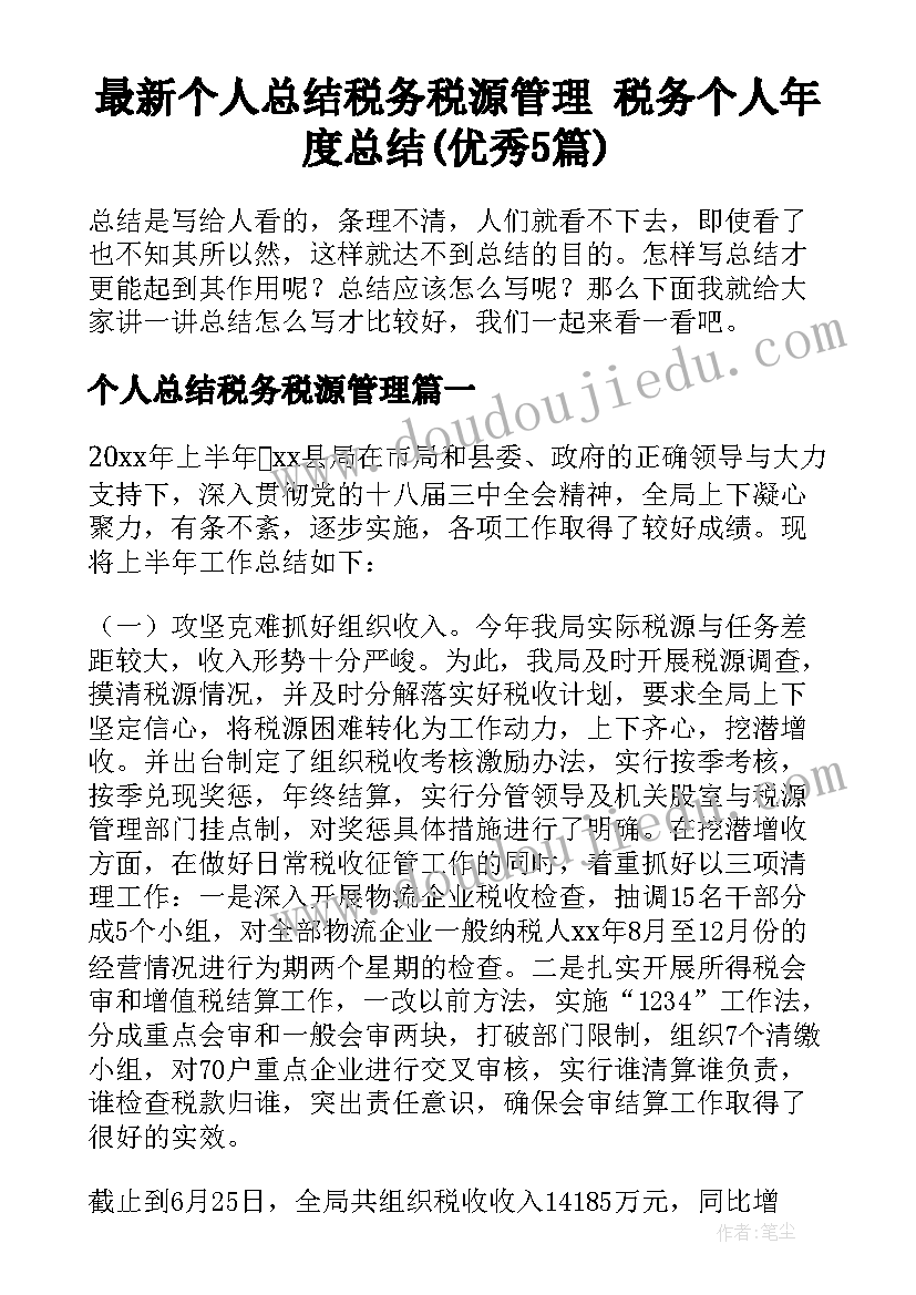 最新个人总结税务税源管理 税务个人年度总结(优秀5篇)