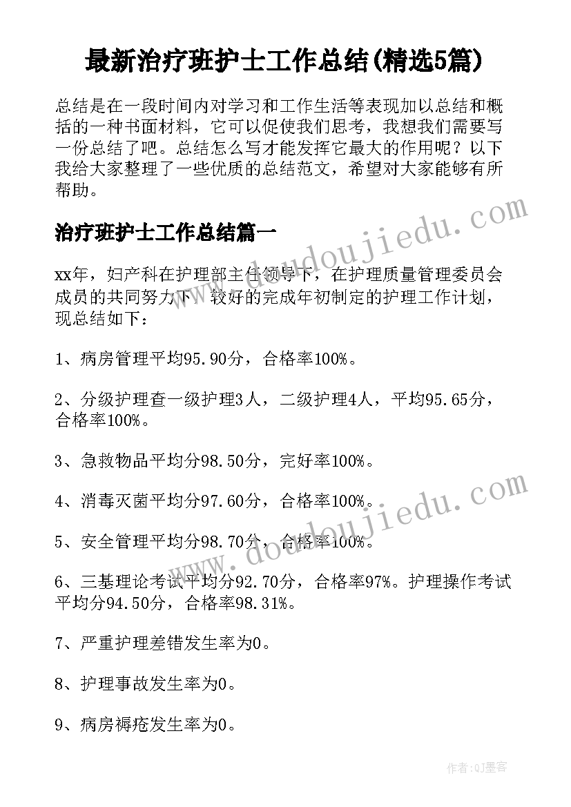 最新治疗班护士工作总结(精选5篇)