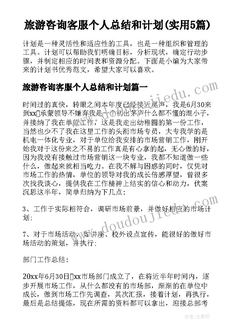 旅游咨询客服个人总结和计划(实用5篇)