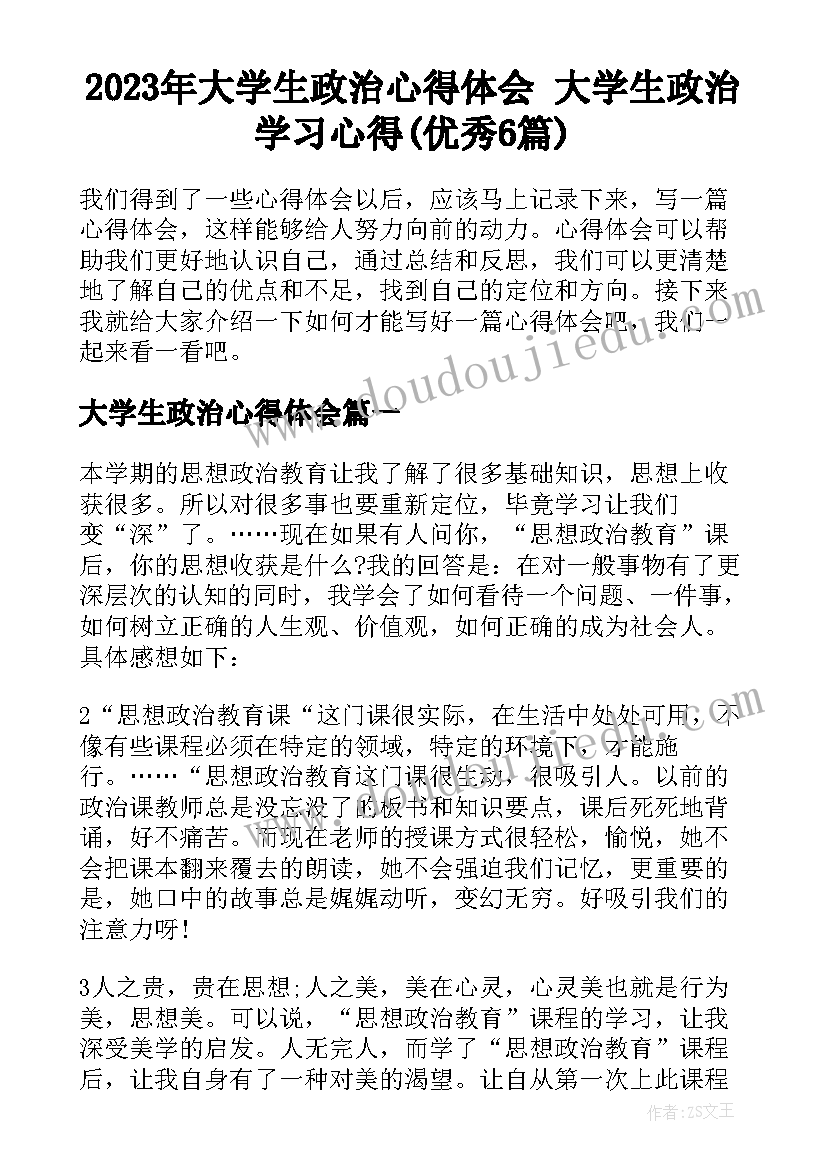 2023年大学生政治心得体会 大学生政治学习心得(优秀6篇)