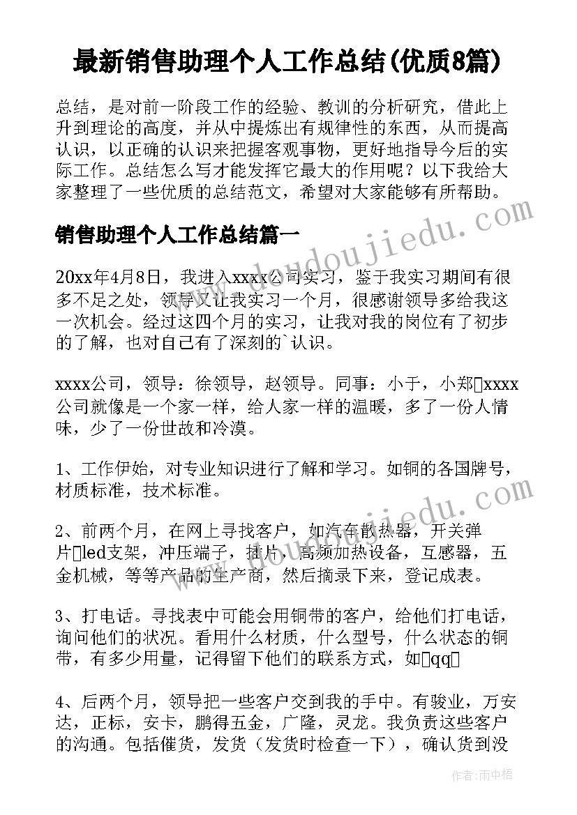 最新销售助理个人工作总结(优质8篇)