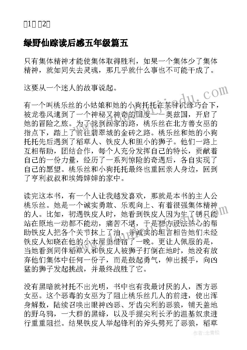 最新绿野仙踪读后感五年级(汇总5篇)