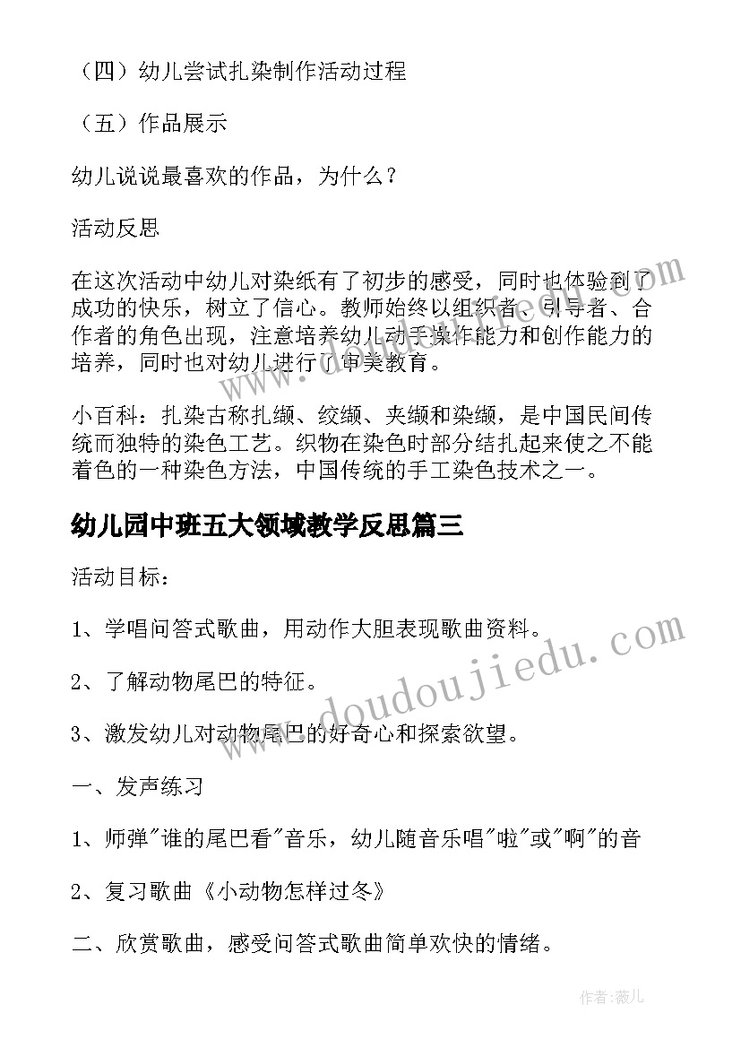 2023年幼儿园中班五大领域教学反思(优秀7篇)