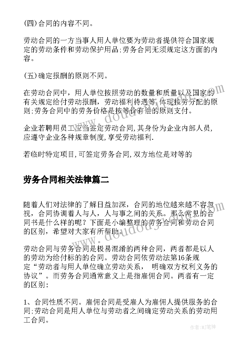 劳务合同相关法律(模板7篇)