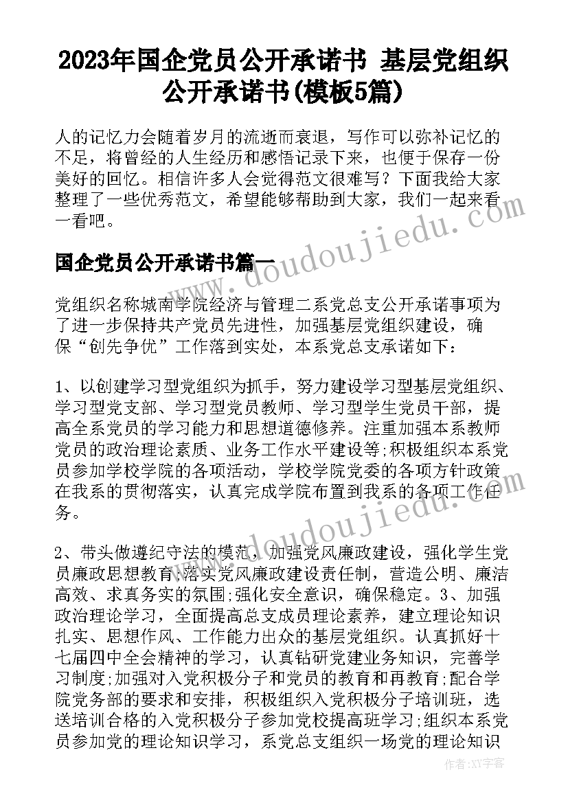 2023年国企党员公开承诺书 基层党组织公开承诺书(模板5篇)