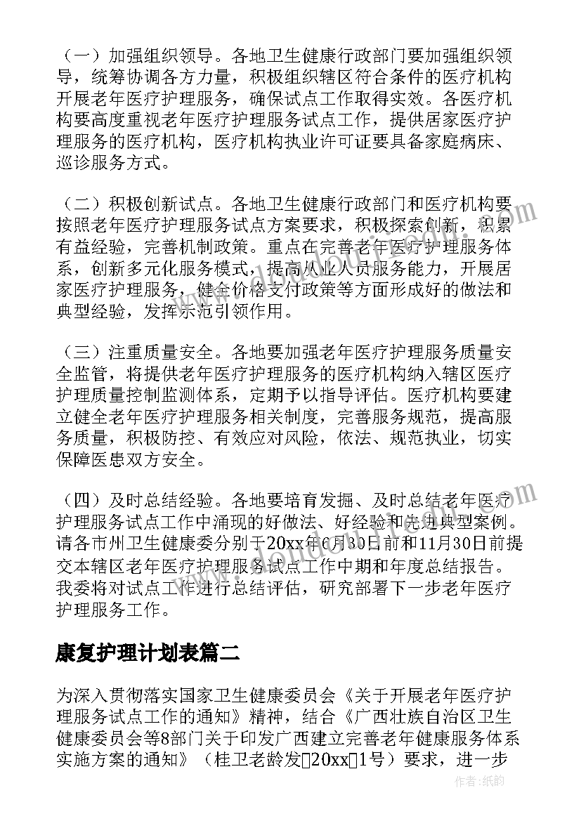 2023年康复护理计划表 老年康复护理工作计划(大全5篇)