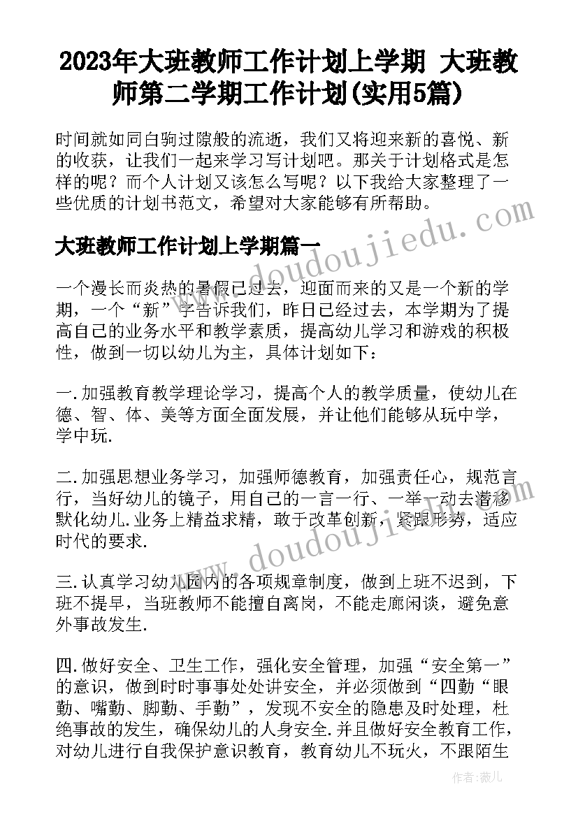 2023年大班教师工作计划上学期 大班教师第二学期工作计划(实用5篇)